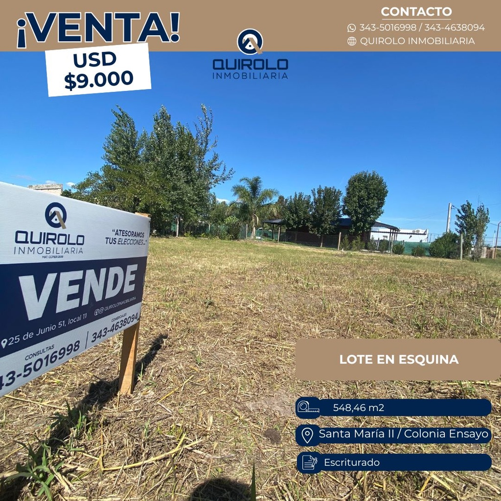 ✅ VENTA LOTE EN ESQUINA SANTA MARIA ll!